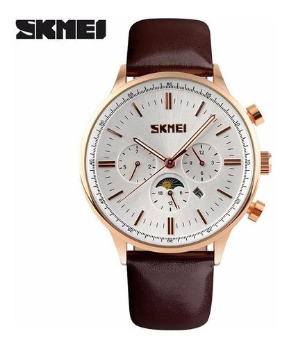 Reloj Pulsera Skmei 9117 Fase Lunar Wr3atm Malla Cuero