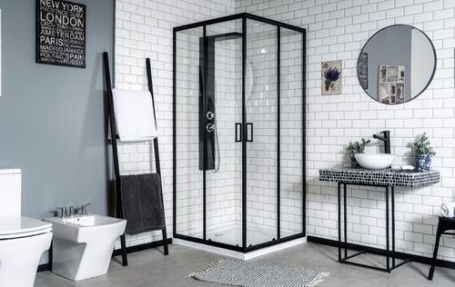 Box De Ducha Rectangular Transl. Negro Mod. 9126nt Sin Plato
