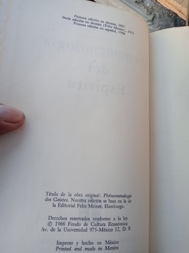 Hegel. Fenomenologia Del Espiritu. Primera Edicion En Españo (Usado)