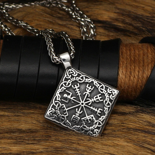 E Colar Vegvísir Viking Bússola Amuleto Relevo Ambos Os