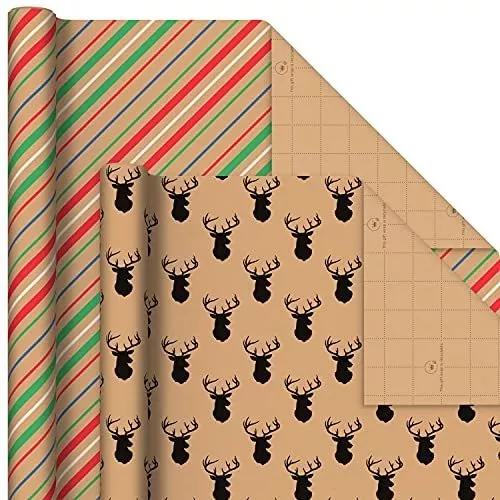 Hallmark Recyclable Christmas Wrapping Paper for Kids with Cut Lines on  Reverse (4 Rolls: 88 sq. ft. ttl) Kraft Brown with Christmas Lights, Deer,  Snowflakes, Red, Green, Blue Stripes 