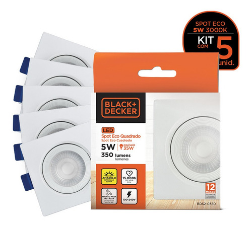 Kit 5 Spot Led Eco 5w Quadrado Luz Amarela - Black + Decker