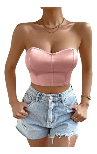 Top Casual Blusa Corset Satin Elegante Strapless Mujer Rosa