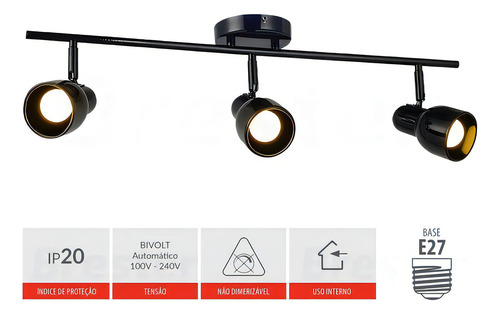 Spot Trilho Triplo Boho 3 Sobrepor Direcionável E-27 Preto 110V/220V (Bivolt)