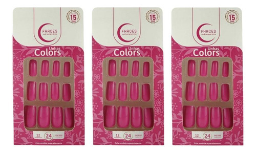 Unhas Postiças Fhaces Colors Rosa Fucsia U3090 - Kit C/3un