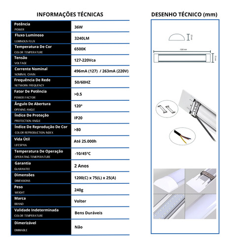 Kit 2 Luminárias Led Sobrepor Linear 36w 6500k Bivolt 120cm