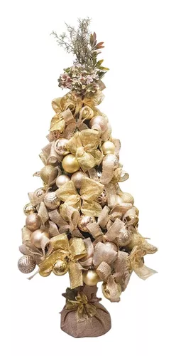 Árvore De Natal Rosa E Dourado Decorada Pronta P Uso 70cm