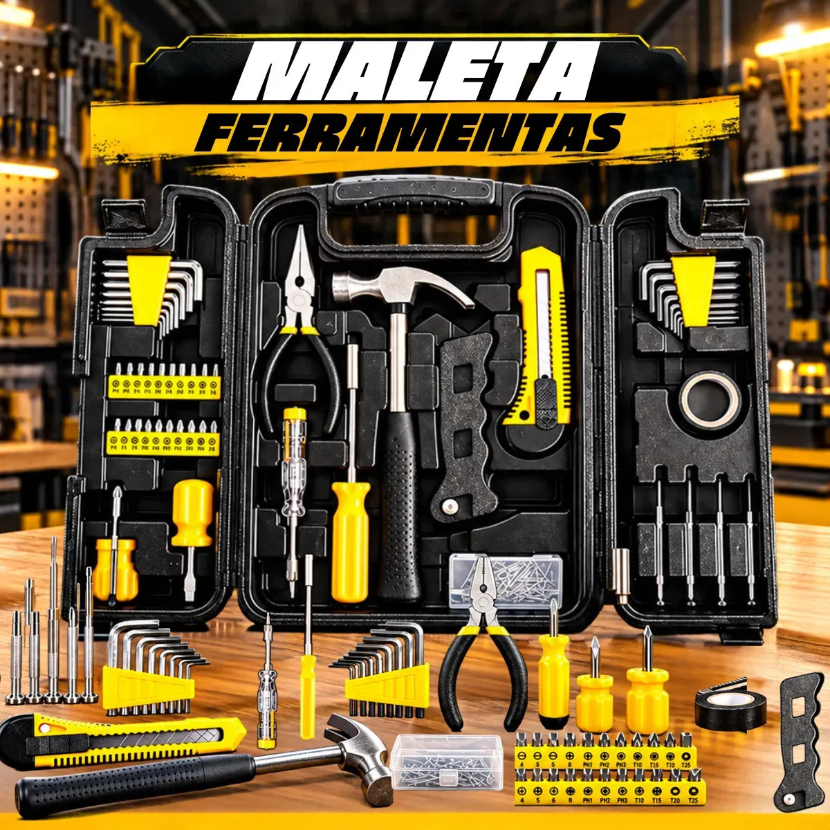 Jogo Maleta Ferramentas 200 Peças Profissioal E Domestico Completa Manutenção, Alicate, Bits, Estilete, Chaves Allen,... Preto
