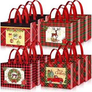 12pcs Christmas Plaid Large Tote Bags With Handles Reus...