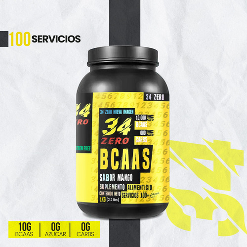 34 Zero Aminoácidos Bcaas Polvo 1kg Sabores 100 Servicios Mango