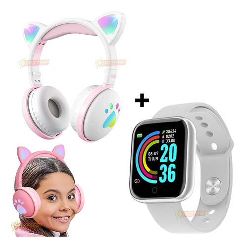 Smartwatch Feminino D20 Ultra + Fone Gatinho P/ Meninas Rosa Cor da pulseira Fone Branco Relógio Prata