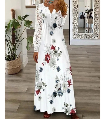 Vestido Largo Encaje Elegante Moda Borde Flores Para Mujer