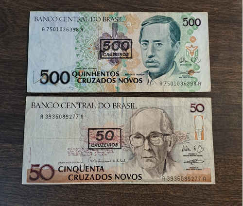 Brasil X 2 Billetes Resellados 50 Y 500 Cruzeiros. Usados!!!