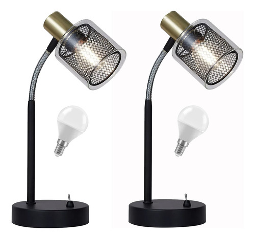 Pack X 2 Luminaria De Mesa Velador Ideal Mesa De Luz Portalampara Dorado Con Vidrio Estilo Industrial Brazo Flexible Con Lampara Led Luz Calida