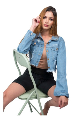 Chaqueta De Jean A La Cintura Desgastes Frontales Y Mangas N