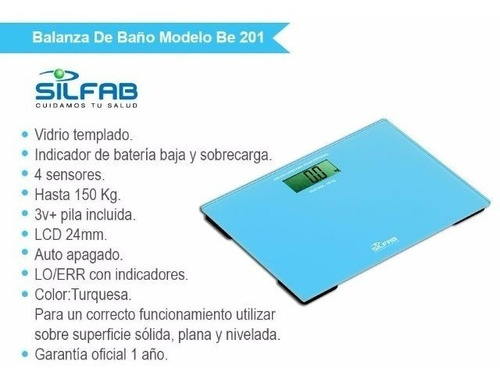 Imagen 2 de 2 de Balanza Personal Turquesa Be201 Silfab Max 150 Kg