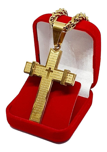 Cordão Grosso Crucifixo Grande Pai Nosso Folheado Ouro 18k