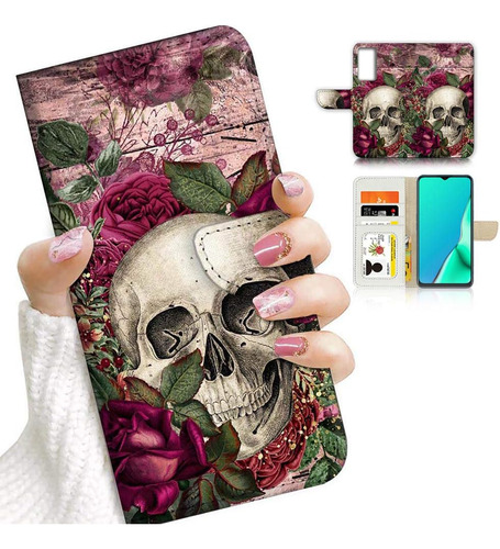 Funda Billetera Calavera Flores Para Galaxy A52