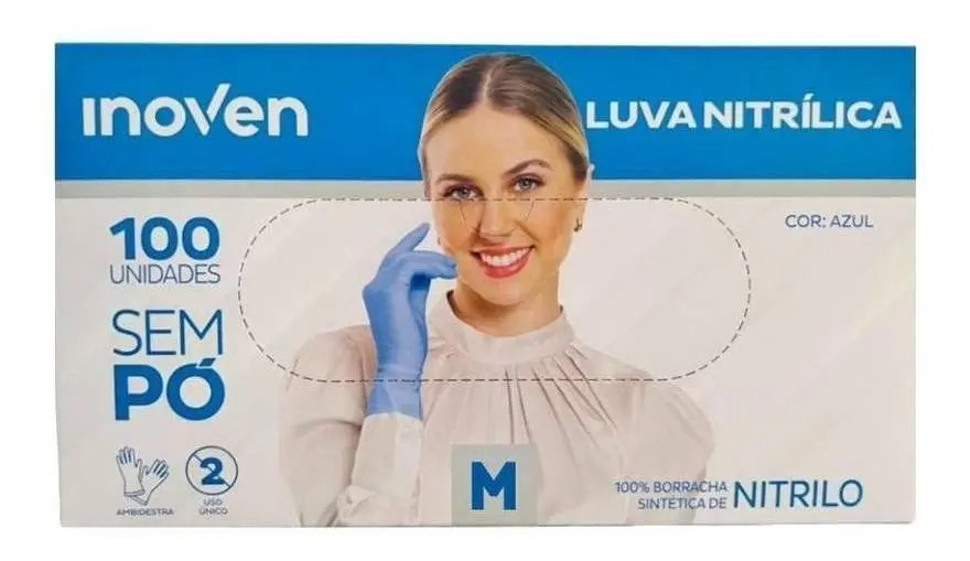 Luvas Descartáveis Nitrílicas Antiderrapantes Azul Tamanho M Inoven 100 Unidades