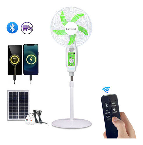 Ventilador De Piso Solar Recargable De Batería Silencioso 16 Pulgadas Con Luz Led Y Control Remoto,9 Velocidades Ajustables, 180° Giratorio