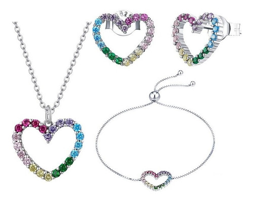 Collar De Plata S925 Con Circones Arcoíris Diseño Corazón