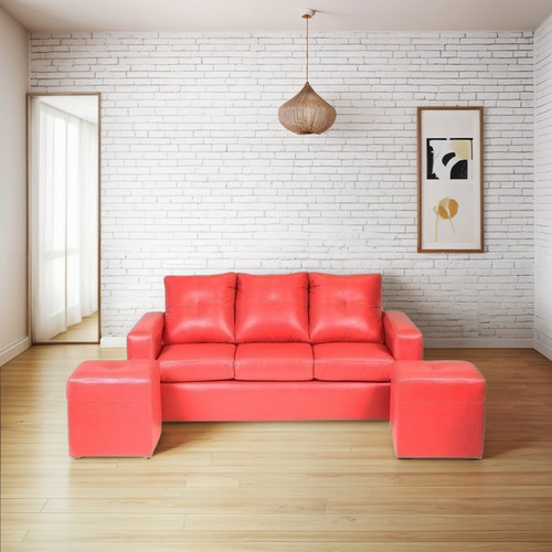 Sofá 3 Cuerpos Con 2 Pouf Cuero Pu Rojo / Muebles América