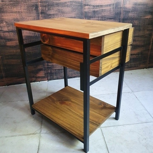 Imagen 5 de 6 de Mesa De Luz Con 2 Cajones Industrial Madera Hierro