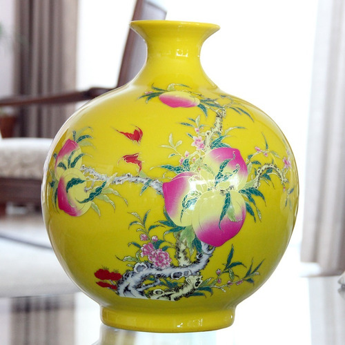 Imagem 4 de 7 de Vaso Chinês Floral Com Escritas Amarelo Gargalo Curto Bu198