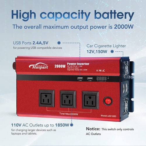 Maxpart Inversor De Corriente 12 V, Cc. 2000w Con Puerto Usb