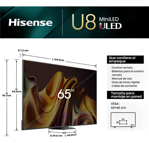 Pantalla Hisense 65 Pulgadas Smart Tv Miniled Pro 65u8n