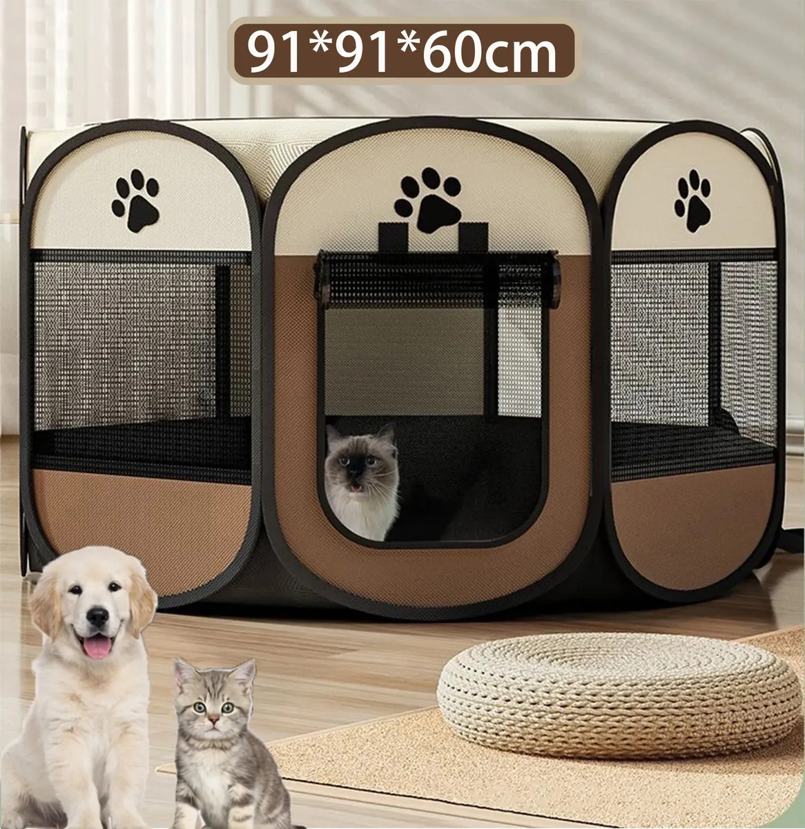 Corral Plegable para Perros y Gatos con Tela Oxford Café