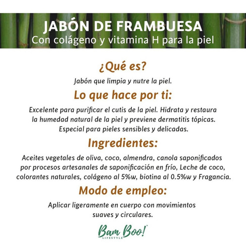 Imagen 5 de 5 de Jabón Frambuesa Con Colágeno Y Vitamina H 100 Gr Bam Boo!