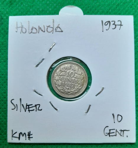 Moneda 10 Centavos En Plata, Pais Paises Bajo, Año 1937