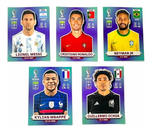 5 Tarjetas Messi Ronaldo Mbappe Neymar Estampas Mundial 2022