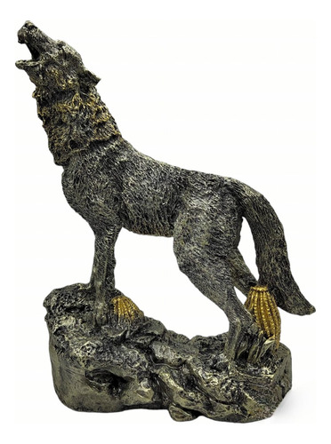 Figura De Lobo Aullando Sobre Roca 35cm Plateado