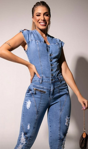 Imagem 8 de 10 de Macacão Jeans Feminino Luiza 400855