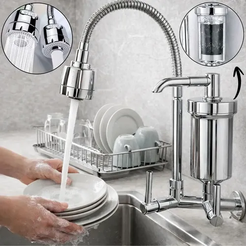 Torneira Gourmet Com Filtro Purificador De Água Flexível Pia Cozinha Bica De Parede 2 Jatos Cor Prateada Linha Premium - Marca Camperluz Prateada ( Parede C/ Filtro) Cromado