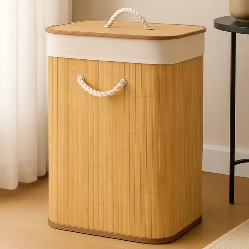 Cesto De Roupa Suja De Bambu Dobrável Com Alças Malular 60l Bege Bambu