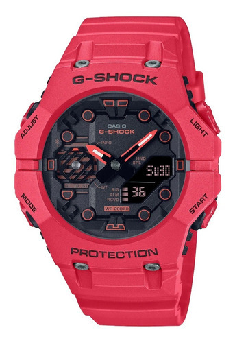Relógio unissex original Casio G-shock GA-B001-4a, cor da moldura vermelha, cor de fundo vermelha, cor de fundo preta