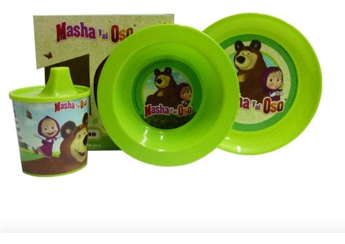 Caja Set Desayuno Plato Bowl Taza Con Pico Masha Y El Oso