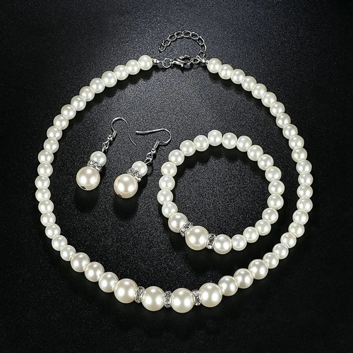 Collar Largo De Perlas, Pendientes Y Pulsera Para Disfraz