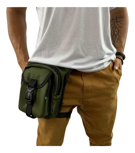 Pochete Bag De Perna Motoboy Camping Pescaria Masculina Cor Verde-musgo Desenho do tecido Liso