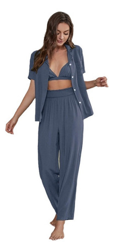 Conjunto De Pijama De Tres Piezas Tipo Cárdigan De Manga Cor