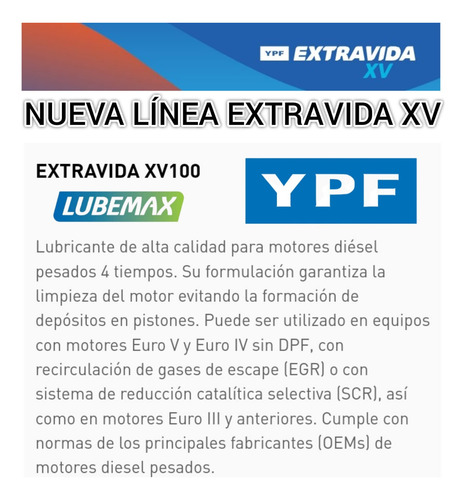 Aceite Ypf Extra Vida Xv100 X 20 Lts 15w40
