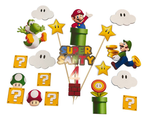 Set De Toppers Para Pastel Mario Bross Personalizable