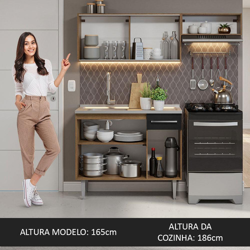 Armário De Cozinha Compacta 165cm Com Pia Emilly Madesa 05 Cor Rustic/Preto