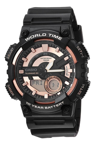 Reloj Casio Aeq110w Telememo Hora Mundial Negro - Oro Rosa  