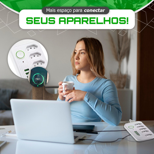 Extensão Prime Cabo 5 Tomadas 4 Usb + Tipo C