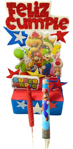 Kit Decoración Mario Bross Adorno De Torta Vela Bengala