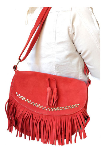 Cartera Cuero Natural, Gamuzon Con Flecos Y Tachas 